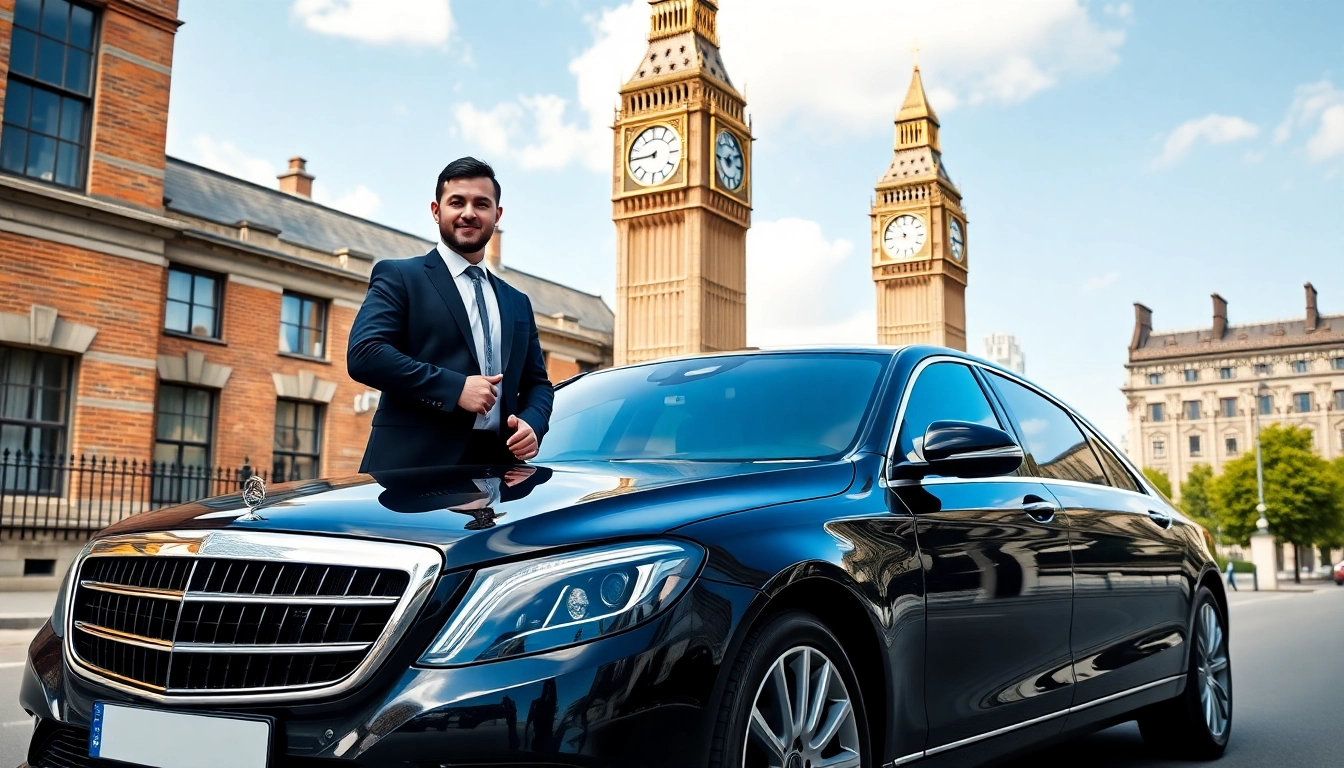 london chauffeur welcoming clients outside a luxury vehicle near iconic London landmark.