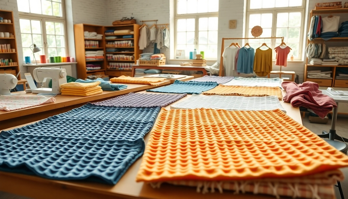 Verken wafel katoen met een unieke structuur en variatie in kleuren in een textielwerkplaats.