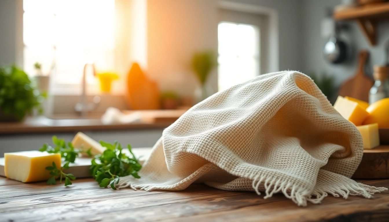 Kaasdoek gebruikend voor het uitlekken van verse kaas op een rustieke keukenachtergrond.