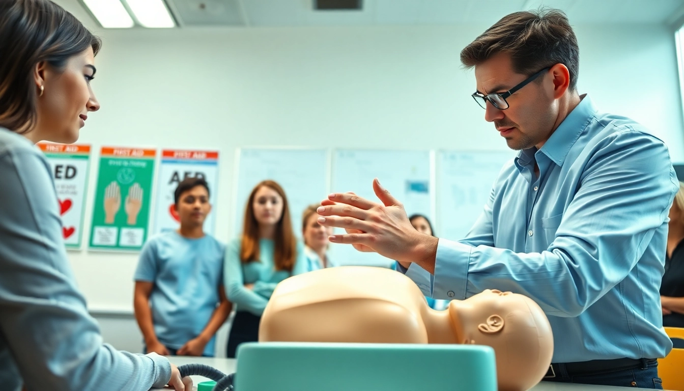 Instructor teaching CPR first aid aed techniques to engaged students in a classroom.