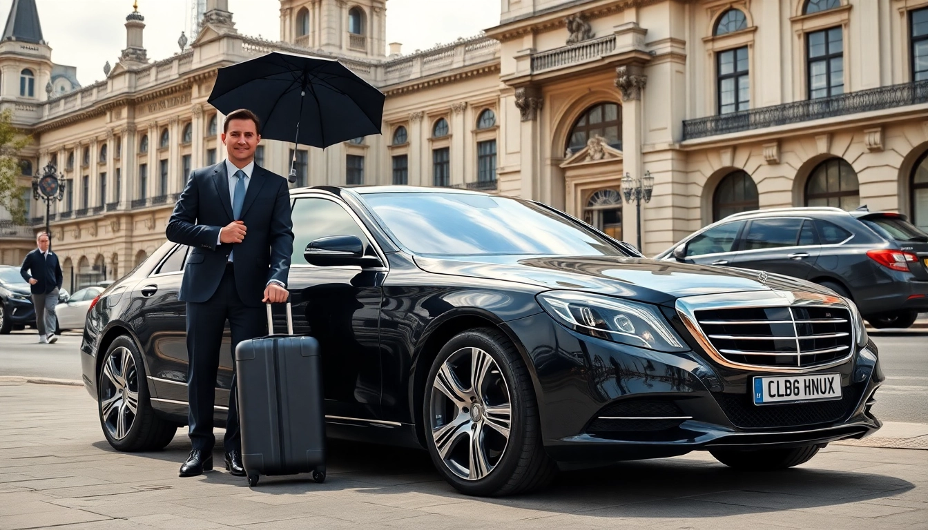 London chauffeur standing next to a luxury car at a historic London location.