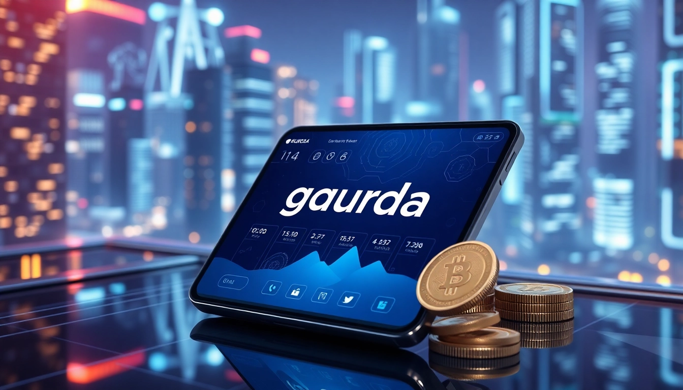 Interact with the gaurda wallet in a sleek digital interface amidst a vibrant tech cityscape.