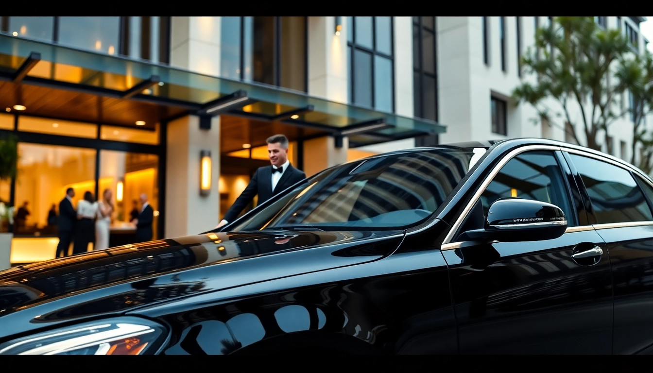 Experience a luxurious VIP chauffeur service with a sleek sedan and professional chauffeur at a high-end hotel.