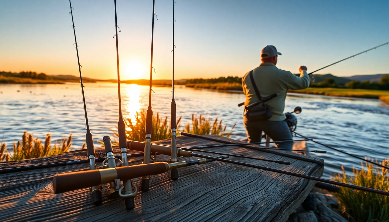 Showcase of the Best fly fishing rods on a riverbank with fisherman casting.