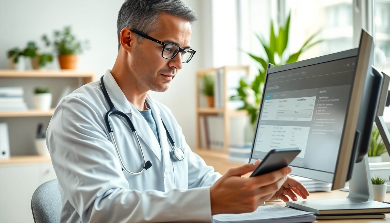Engaged doctor using eprescribing software for doctors on a digital device in a modern clinic setting.