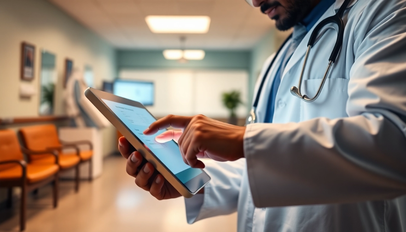Utilizing eprescribing software for doctors on a tablet in a modern clinic setting.