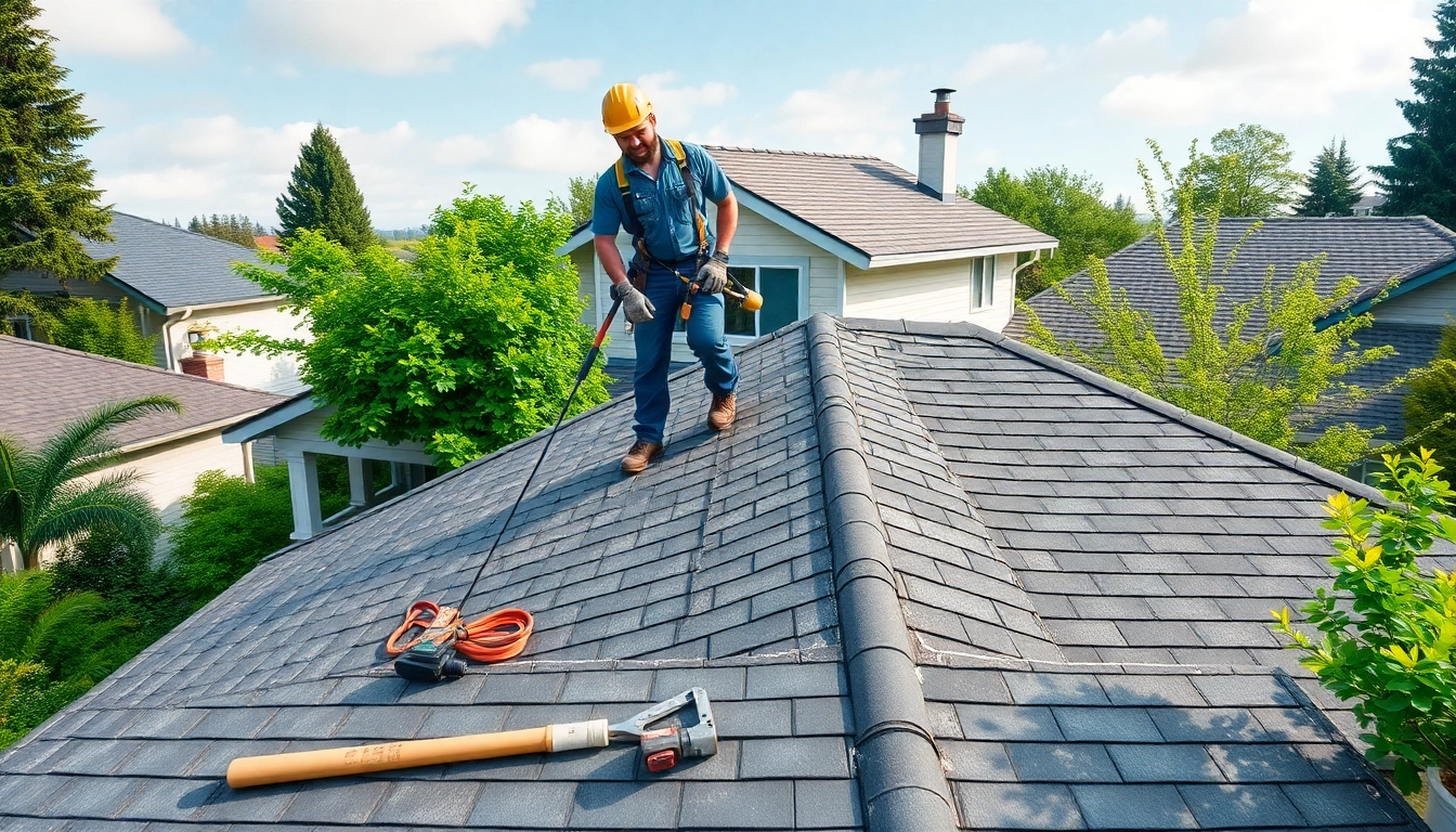 Showcasing Roofing Replacement Portland Oregon with a skilled contractor on a residential rooftop.
