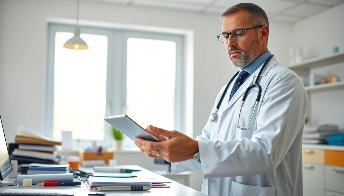 Efficient doctor demonstrating free eprescription apps on a tablet in a bright clinic setting.